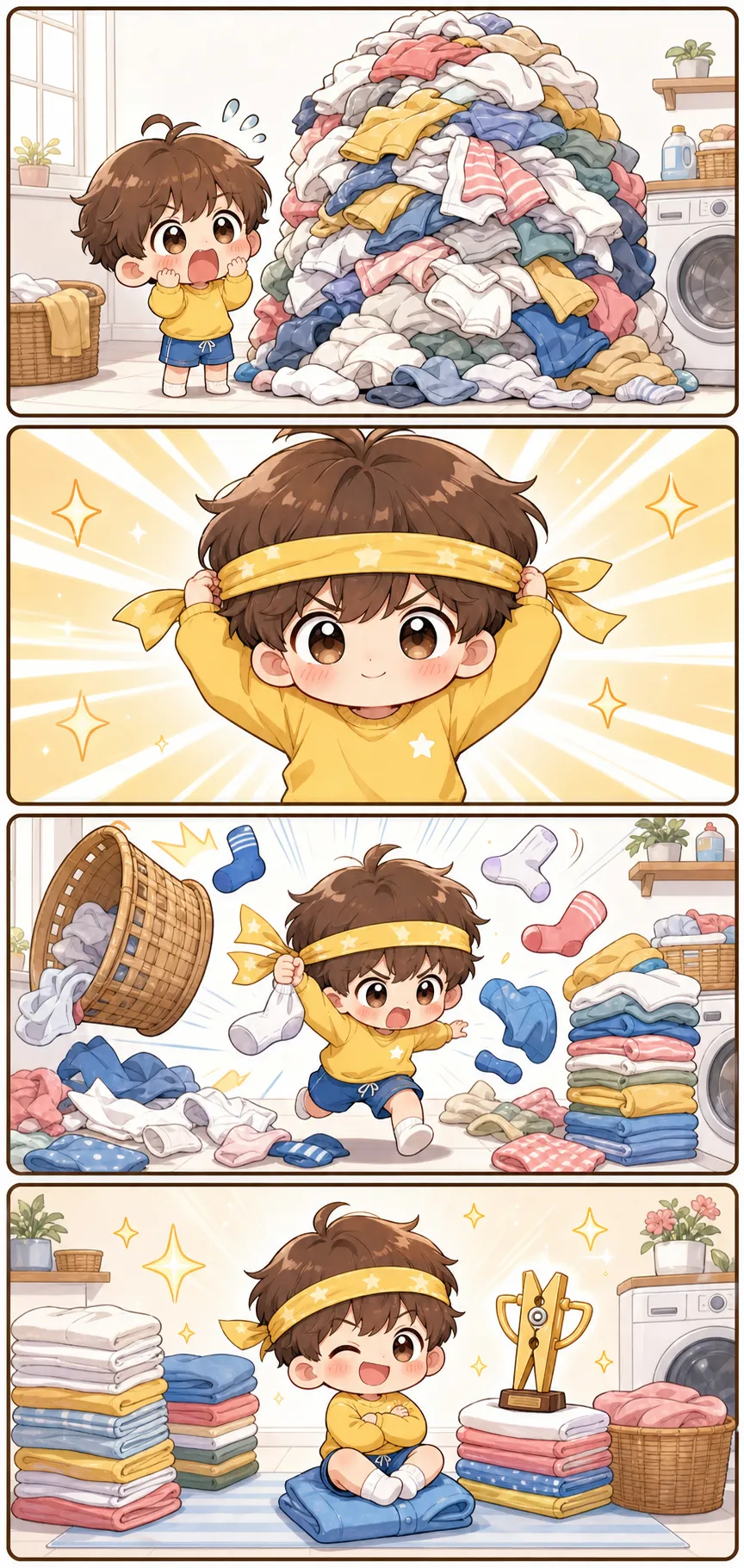 Chibi Laundry Day Victory — 4-Panel — AI-generated Chibi & Cute preview
