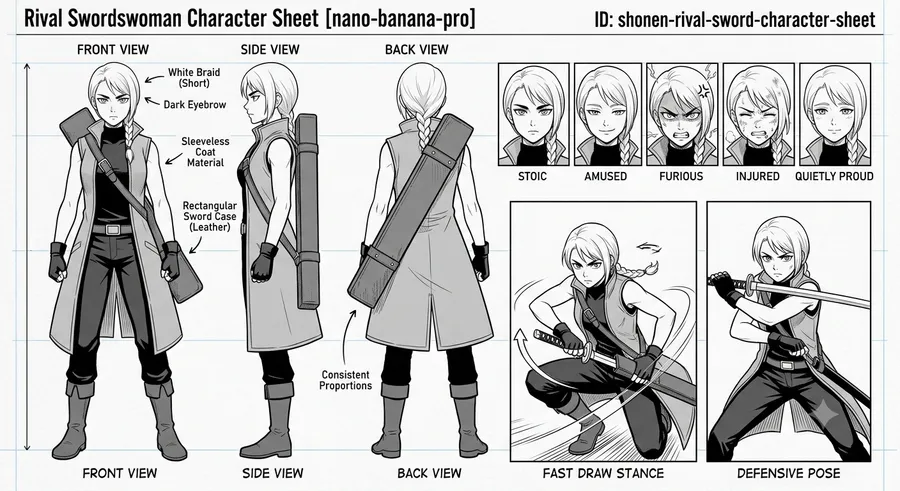 Rival Swordswoman Character Sheet — AI-generated Shonen Manga preview