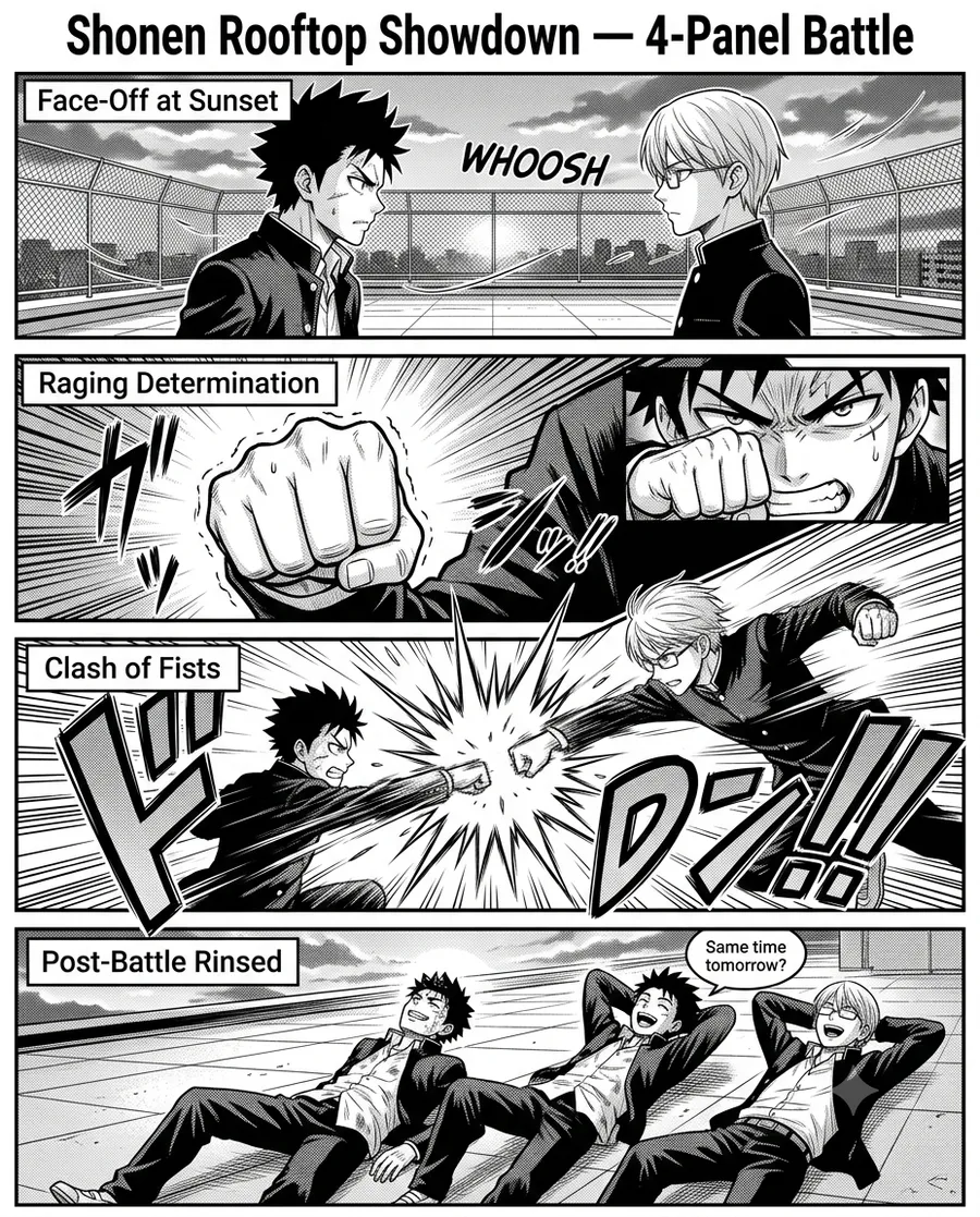 Shonen Rooftop Showdown — 4-Panel Battle — AI-generated Shonen Manga preview