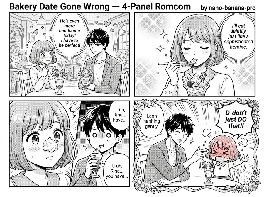 Bakery Date Gone Wrong — 4-Panel Romcom — AI-generated Shoujo Manga, Chibi & Cute preview