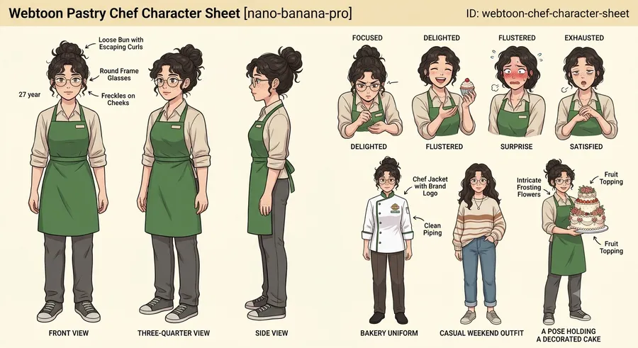 Webtoon Pastry Chef Character Sheet — AI-generated Webtoon / Vertical Scroll preview